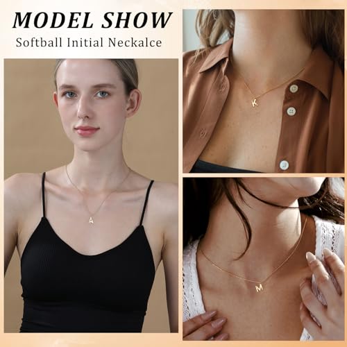 Softball Initial Necklace for Women Girls, Gold A-Z Letter Pendant Necklace Softball Baseball Mom Themed Jewelry Gifts2