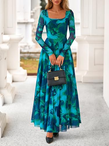 BTFBM Women Maxi Dress Fall 2025 Fashion Elegant Long Sleeve Square Neck Floral Print Party Club Wedding Guest Dresses