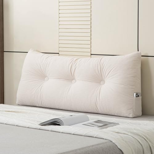 MQK Headboard Pillow Bed Wedge Pillow for Headboard with Side Pocket Dorm Headboard Twin xl Long Back Pillow for Bed Bolster Pillow for Mattress Gap Filler White Reading Pillow for Bedroom Sofa Daybed