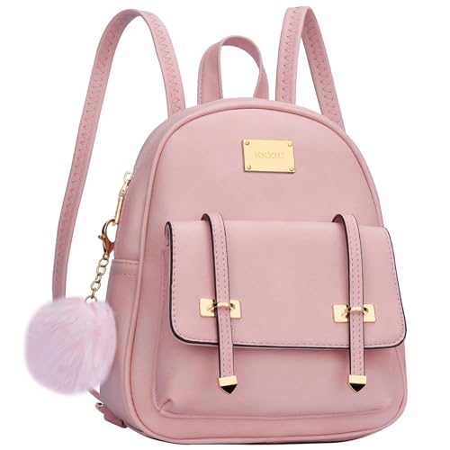 KKXIU Girls Small Backpack Purse Vegan Leather Mini Bookbag for Women Cute Teen Pompom Daypack (Small, Pink)