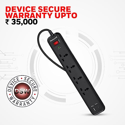 Image of Honeywell Surge Protector /Spike Guard /Extension Board,Master Switch,4 Universal Sockets,PD18W&USB,15000Amp,2 Meter Cord,Device Secure Warranty,Automatic Overload Protection,3Year Manufacturer Warranty