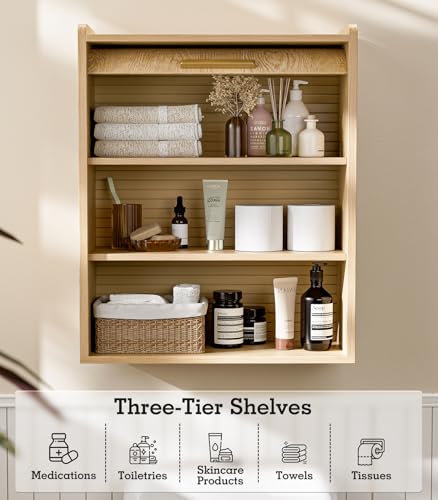 Image of ZttRiee Bathroom Wall Cabinet, Medicine Cabinet with Roll-Up Door & 3 Shelves, Over The Toilet Wall-Mounted Storage Cabinet, Natural