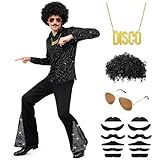 AUTOWT Disfraz de Discoteca de 70s para Hombre, Atuendo Vintage los 70 con Camisa Lentejuelas Pantalones Acampanados...