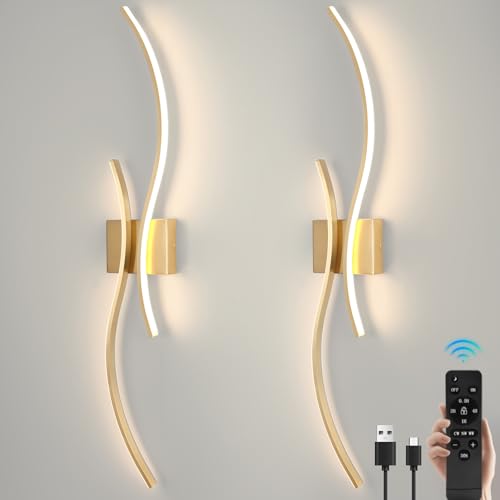 Image of CANEOE Battery Operated Wall Sconces with Remote Control, Rechargeable Dimmable Touch Wall Sconces Set of Two, 3000K-6500K LED Wireless Wall Light for Living Room Bedroom Hallway,31.5inch(Gold)