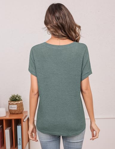 Totatuit Women's V Neck Waffle Knit Shirts Short Sleeve Summer Casual Tops Loose Fit Curved Hem Tunic Blouses Soft Lightweight Tees Gray-Green - image 3