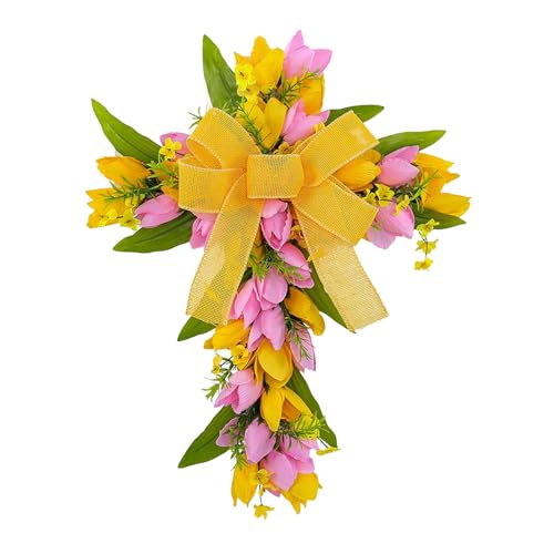 Coronas Cruzada para Puerta Delantera de Pascua, Guirnalda con Tulipanes para Decoración de Puerta Delantera, Botín Floral de Tulipanes Artificiales con Lazo de Arpillera