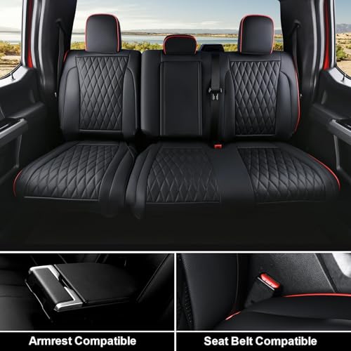 Image of Coverado Leather Seat Covers Full Set for Ford F150F250F350F450(2015-2026)Waterproof Automotive Cushion Covers for Pick-Up Trucks Custom Fit for F150 SuperCrew&F250-F450 Super Duty Crew Cab(Red Line)