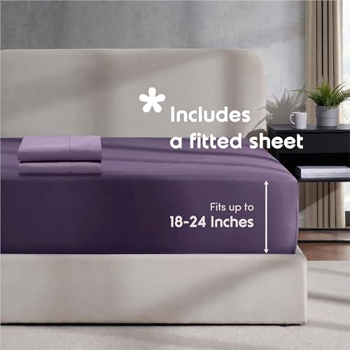 Image of Hearth & Harbor Purple Duvet Cover with Fitted Sheet Twin Size | 3 Piece Soft Double Brushed Bedding Set, Button Closure, 1 Duvet Cover 68x90 Inches, 1 Fitted Sheet, 1 Pillow Sham