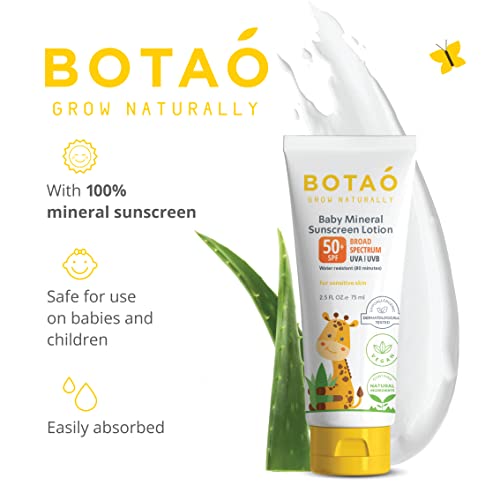 Botao Baby 100% mineral Zinc Oxide baby sunscreen – safe natural sunblock lotion for babies: SPF50 Broad Spectrum UVA UVB,For sensitive skin Baby Face Body Protection, Sunblock Cream 2.5 Oz