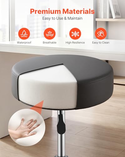Image of VEVOR Rolling Stool with Wheels, 500 lbs Weight Capacity, Height Adjustable, Quiet Casters, Thick Cushion Ergonomic PU Leather Seat, 360 Swivel Round Rolling Stool Chair for Salon, Clinic, Black