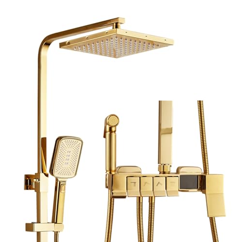 Cabezal de ducha de lluvia dorado con rociador de mano, cabezal de ducha de latón de alta presión, manguera larga y barra ajustable para accesorios de baño de lujo