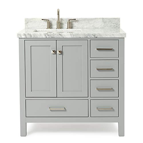Ariel 37" Grey Bathroom Vanity With 1.5" Edge Italian Carrara Marble Countertop & Backsplash, Left Rectangular Sink, 2 Soft Closing Doors, 5 Full Extension Dovetail Drawers, Brushed Nickel #TOP15
