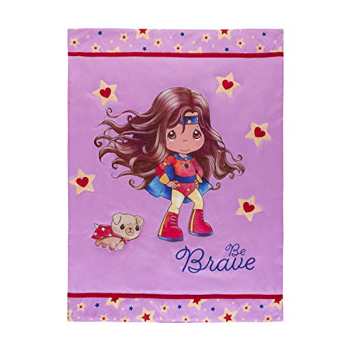 Image of EVERYDAY KIDS Precious Moments 4 Pc Toddler Bedding Set Starring Isabella The Super Hero and Her Dog Comforter, Flat Sheet, Fitted Sheet and Pillowcase in Lavender (Light Purple), White and Red