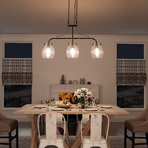 Phosant Lighting Dining Room Light Fixture, 3-Light Pendant Lighting For Kitchen Island, 25" Rustic Mottled Black Chandelier With Seeded Glass Globes #TOP3