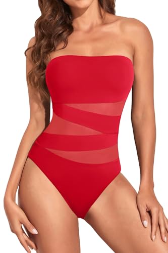 Image of Holipick Women Strapless Bandeau One Piece Swimsuits Sexy Mesh Cutout Bathing Suits Tummy Control Swimwear