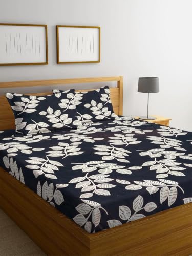 Image of Premium Cotton Fitted Bedsheet King Size 78 x 72 x 8 Inches with 2 Pillow Covers | 220 TC | All-Around Elastic Deep Pocket Bed Cover | Black Ivory Leaf