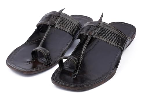 Image of KORAKARI Mens Kolhapuri Chappal, Handcrafted Sandal, Smooth and Comfortable Flip Flops Slipper Anti Slip Design Genuine Leather Traditional Footwear.