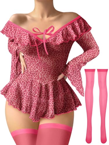 Image of Foxiny Sheer Ruffle Long Sleeve Babydoll Lingerie Dress | Off-shoulder neckline, flared cuffs and a flounce hem add movement; thong and thigh-high stockings complete the 3-piece set