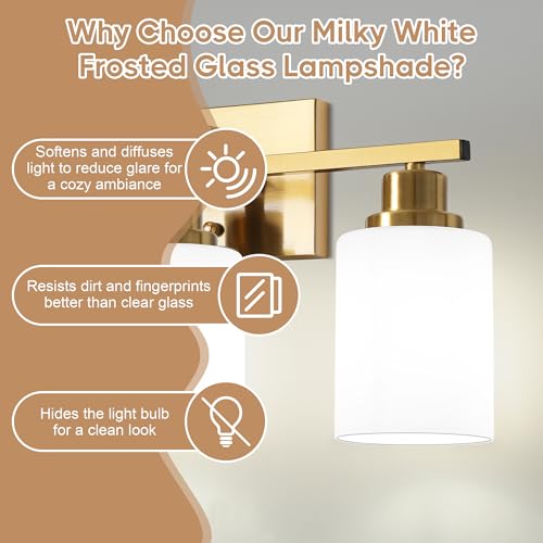 Image of Ascher Bathroom Light Fixtures, 3-Light Vanity Light Over Mirror, Gold Wall Sconces with Milky White Frosted Glass Shades, Wall Lamp for Living Room Bedroom, E26 Base(Bulbs Not Included)