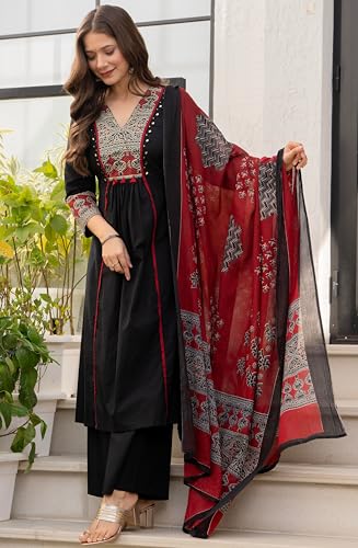 Image of Amayra Women's Pure Cotton A-Line Kurta Set with Palazzo Pants & Dupatta|Ethnic wear|Kurti Suit Set for Women
