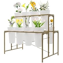 Flower Display Stand with 12 PCS Buckets 3 Tiers Flower Holder Rack Golden Flower Cart on Wheels Flower Cart Display Stand for Bouquets Flower Bar Stand for Florist Patio-White | US STOCK