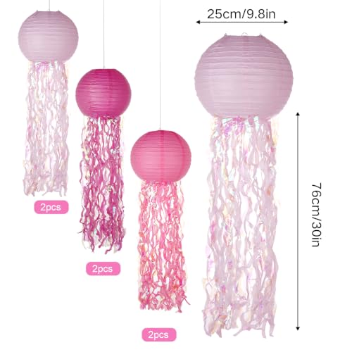 Image of Set of 6 Hanging Jellyfish Paper Lanterns Blue Jellyfish Decor for The Sea Ocean Party, Mermaid Birthday Decoration, Baby Shower, Nautical Events(Glitter Pink)