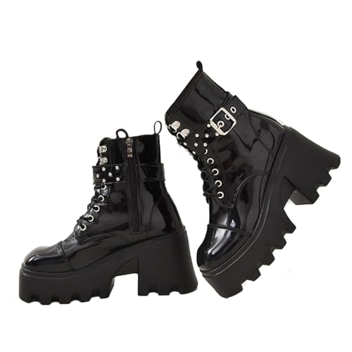GUNIYIFS Womens Wedges Combat Boots High Heels Ankle Booties Punk Gothic Boots for Women Zip Lace-Up Platform Motorcycle Boot2