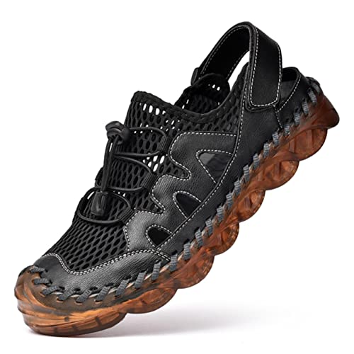 Qiucdzi Mens Closed Toe Sandals, Sport Sandals Casual Leather Handmade Sandals Adjustable Fisherman Beach Sandals For Outdoor Walking Driving