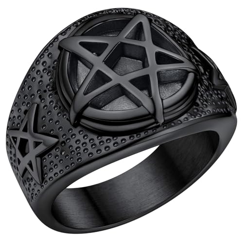 FaithHeart Satanic Jewelry Baphomet Goat Rings Sigil of Lucifer Satan Symbol Signet Ring for Men Woman Size 7/8/9/10/11/12/13/14 Personalized Custom 01. Pentacle-Black 13
