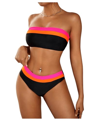 SweatyRocks Women's Strapless Triangle Bikini Set Two Piece Bandeau Swimsuit Color Block Mid Waist Bathing Suits Swimwear