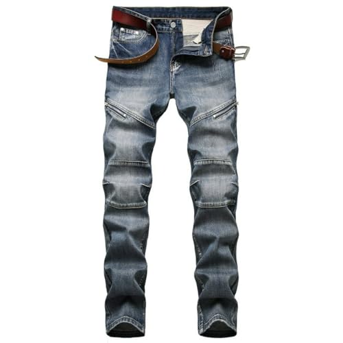 Jeans Pants Trouser Denim Retro Blue Wrinkle Tight Trendy Street Personality Stretch Slim Fit Casual Commuter Straight Leg for Men(Blue,33)2