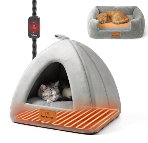 Heated Cat Bed for Indoor Cats, 2-in-1 Heated Cat Cave