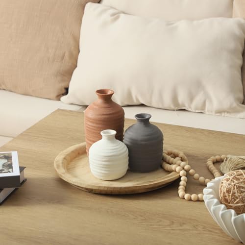 Ceramic Vase Set of 3 Decorative Vase for Home Decor Modern Farmhouse Decor Pottery Neutral Vases for Living Room Bathroom Table Mantel Fireplace Entryway Shelf (02-Brown)