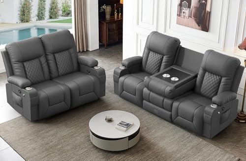 FURNIMAT Oversized Recliner Sofa Set with 2+3 Pieces in Living Room, PU Leather Loveseat Recliner Couch, 3 Seats Reclining Sofa with Flip Back Console, Storage, USB Ports, Cell Phone Holder, Gray