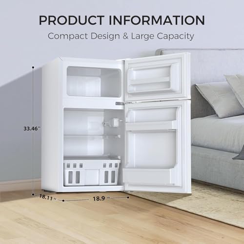 Image of Kismile 3.2 Cu.Ft Mini Fridge with Freezer, Two-Door Compact Refrigerator, Adjustable Temperature, Perfect for Bedroom, Apartment, Office, Dorm, White