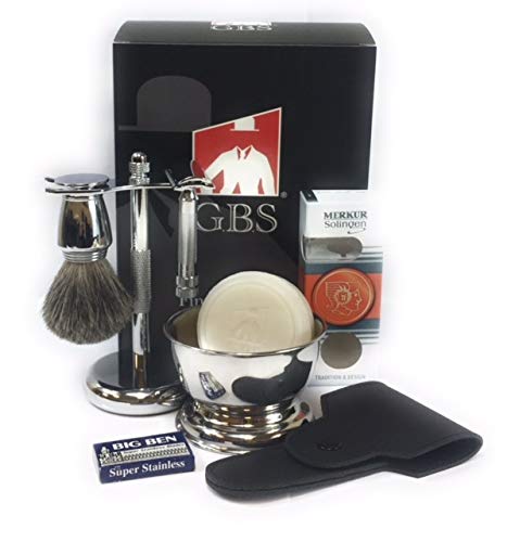 G.B.S Men's Shaving Set- MK34 Double Edge Safety Razor Made in Soligen Germany,100% Pure Badger Bristle Hair Brush, Dual stand, Chrome Shaving Bowl, Natural shave Soap, Leather Case for Razor + 10 Blades G.B.S Men's Shaving Set- MK34 Double Edge Safety Razor Made in Soligen Germany,100% Pure Badger Bristle Hair Brush, Dual stand, Chrome Shaving Bowl, Natural shave Soap, Leather Case for Razor + 10 Blades