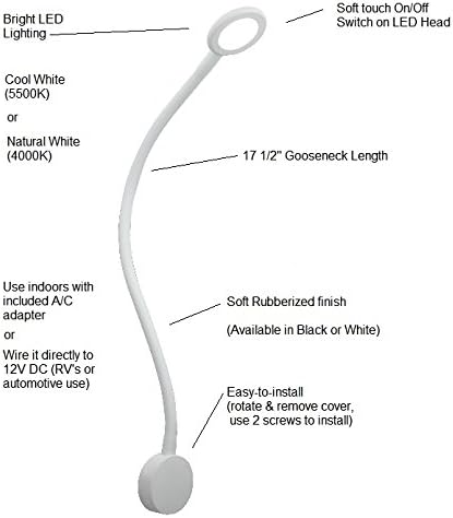 Miniatura 3 de Luz de mapa de cuello de cisne de 12 voltios, lámpara LED blanca cálida (4,000 K) para aplicaciones en el hogar, automóvil, camión, barco, RV y