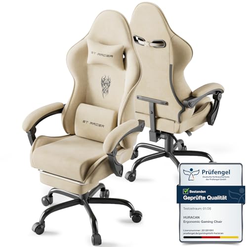 Huracan Gaming Stuhl mit Massage Lendenwirbelstütze, Verstellbare Armlehnen Gaming Chair, Gamer Stuhl Ergonomisch mit Fußstütze, Samtstoff, 90-160° Rückenlehne verstellbar Gaming Sessel, 150KG（Beige）