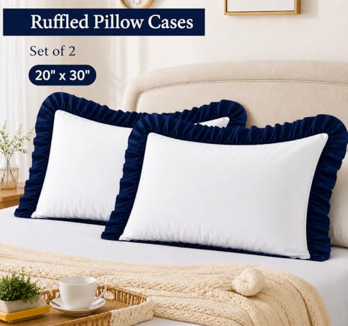 Image of Ruffled Pillow Cases Dule Tone Set of 2, Chocolate - Pillow Shams Brushed Microfiber Edge Ruffled Soft Pillow Cover with Envelope Closure for Bedding Decor 20 inch x 30 inch