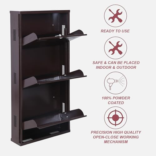 Image of Metal Shoe Rack Wall Mounted for Home with Central Locking | 3 Door 20 inch Wall Mounted Metal 6 Pair Shoe Rack Cabinet | Pre-Assembled Rack Shelves | 3 Year Warranty (Brown)