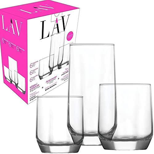 LAV 18 vasos para bebidas, 3 tamaños diferentes, juego de vasos de 385 ml, 310 ml, vasos para agua de 215 ml cócteles, licores y postres