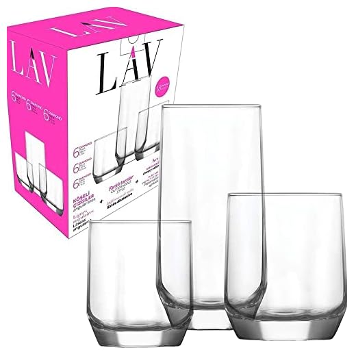 LAV 18 vasos para bebidas, 3 tamaños diferentes, juego de vasos de 385 ml, 310 ml, vasos para agua de 215 ml cócteles, licores y postres