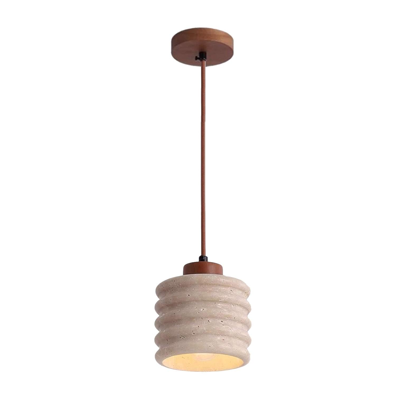 USMJQVZ Wabi Sabi Pendant Light, yellow Cave Stone Chandelier Light Fixture, Mid Century Modern Cave Stone Hanging Ceiling Lamp - Travertine & Walnut Wood