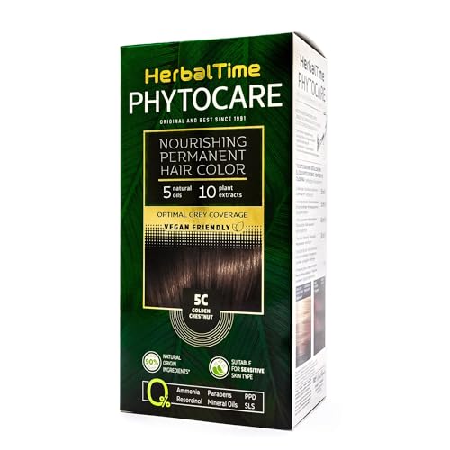 Herbal Time Phytocare Tinte Permanente para el Cabello Color Castaño Dorado 5C | Kit Tinte Natural Pelo Profesional | Nutre y Protege Tu Cabello | Sin Amoníaco, PPD y SLS | 124.5 ml
