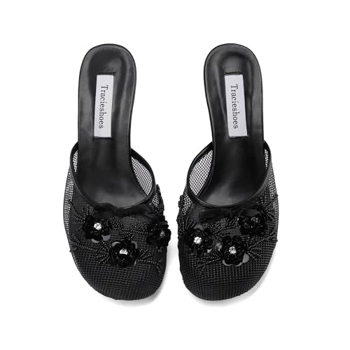 Women's Mesh Mule Slip On Sandals With Floral Sequin Embellishments Round Toe Middle Heel Slides Slippers 2.5 Inch4