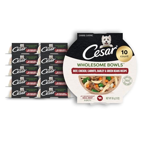 Image of Cesar Wholesome Bowls Wet Dog Food, Beef & Green Beans, 3 oz, 10 Count | Real chicken #1 ingredient, 11 key ingredients or less, no by-products or artificial flavors, serve solo or with dry food