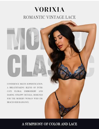 Image of Lingerie Sexy Bra and Panty Set for Women See Through Sheer Underwear Cute Exotic Floral Embroidery Babydoll Set