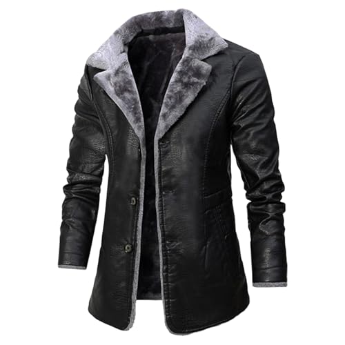 QYFUZSM Mens Faux Leather Jacket Faux Fur Shearling Lapel Mid