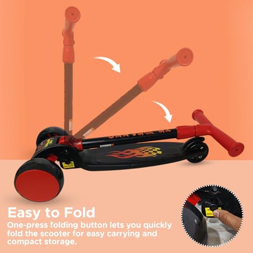 Image of NHR Foldable 3-Wheel Kick Scooter for Kids Aged 3-8 Years - Adjustable 4-Level Height, LED Light-Up Flashing Wheels, Lean-to-Steer Mechanism, Wide Anti-Slip Deck & Rear Foot Brake (Red /Black)