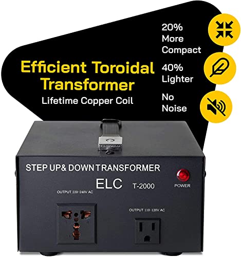 Elc T Series 2000 Watt Voltage Converter Transformer - Step Up/Down - 110V To 220V / 220V To 110V Power Converter - Circuit Breaker Protection, Ce Certified [3-Years Warranty] #TOP2